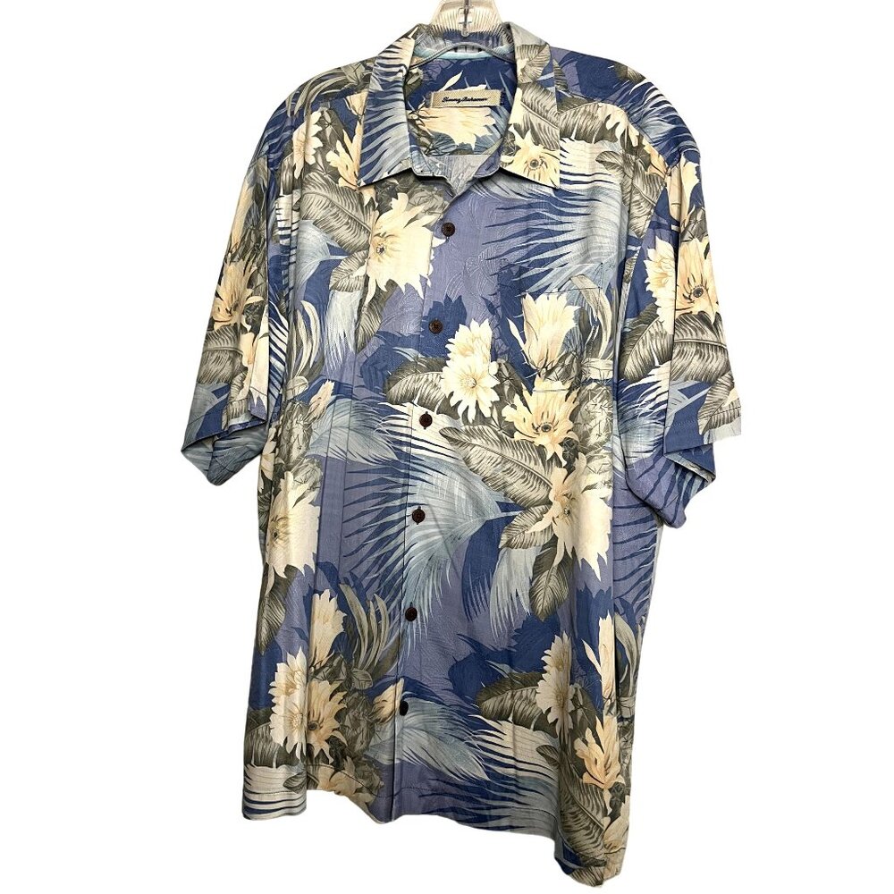 Tommy Bahama 100% Silk Men's Hawaiian Shirt XL/TG Blue & Cream Tropical EUC